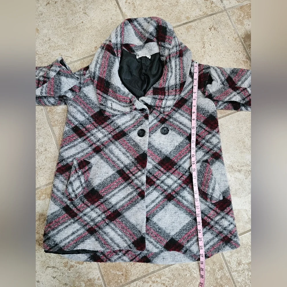 New Collection Italy Women M Red Plaid Wool Blend Coat Mod Oversized Collar Rare - Picture 7 of 7